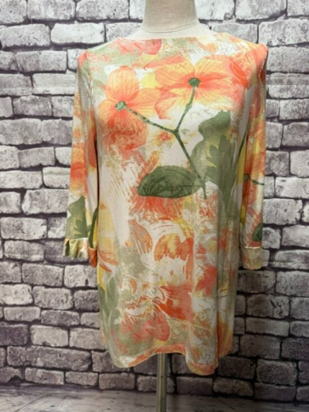 Chico's White, Orange & Yellow Round Neck Blouse Size M